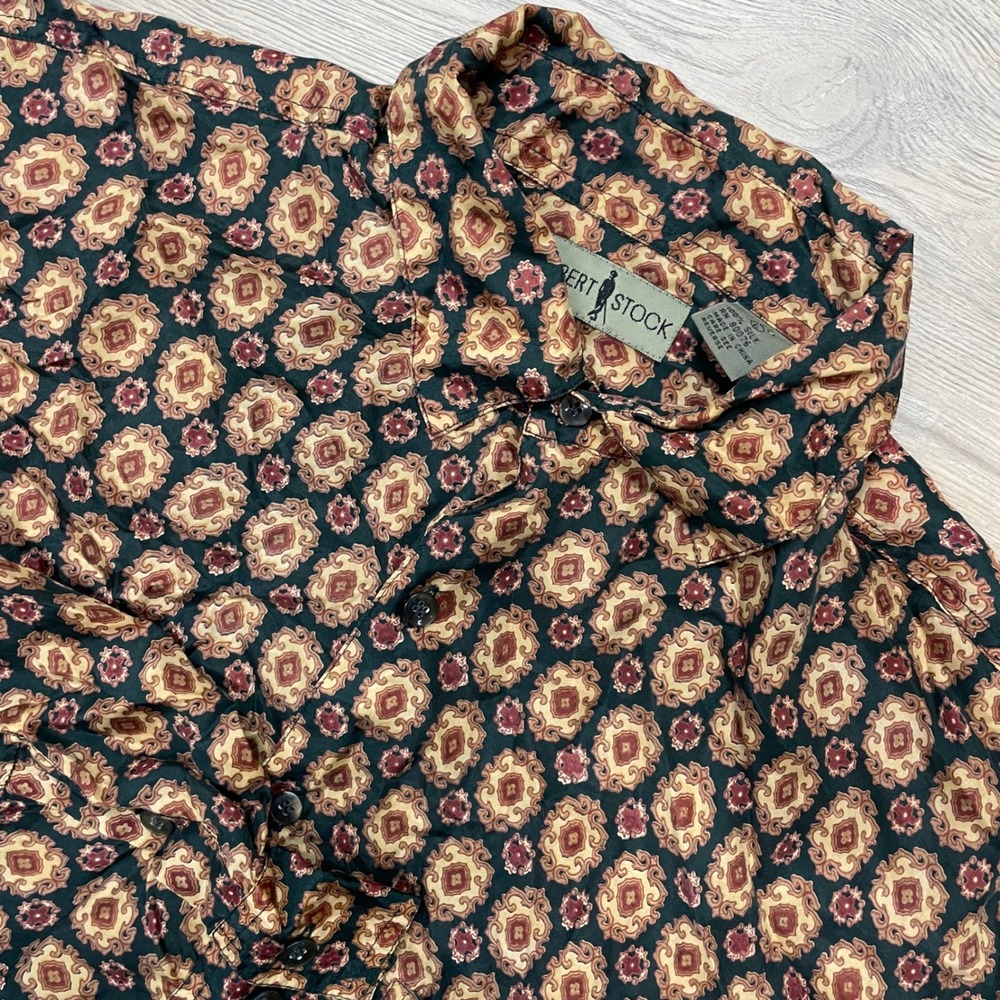 Robert Stock Silk Button Up Shirt Mens L Multi Color Medallion Long Sleeve